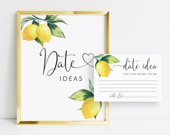 Printable Date Ideas Sign and Date Idea Cards, Date Night Sign, Date Night Ideas for the Bride, Lemon Bridal Shower Signs, Lemon Decor, 001