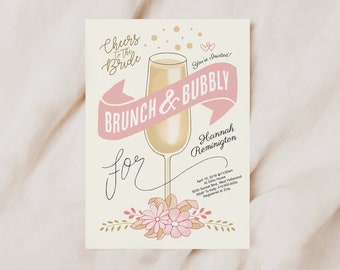 Printable Brunch and Bubbly Bridal Shower Invitation, Pink and Gold, Champagne, Bridal Invite, Cute Bridal Shower Invitation