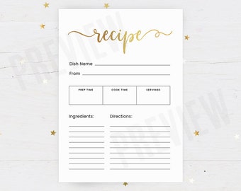 Printable Recipe Card, Bridal Shower Recipe Cards Gold, Recipe Card Bridal Shower, Bridal Shower Games Gold, Printable Recipe Note Card