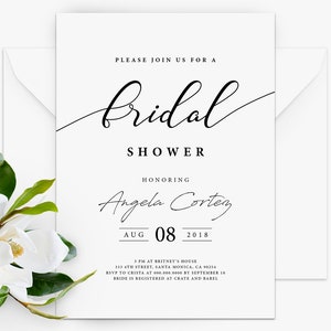 May include: A white bridal shower invitation with black text. The invitation reads "Please join us for a Bridal Shower honoring Angela Corteg Aug 08 2018". The invitation also includes the time, location, RSVP information, and registry information.