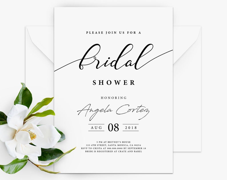 May include: A white bridal shower invitation with black text. The invitation reads "Please join us for a Bridal Shower honoring Angela Corteg Aug 08 2018". The invitation also includes the time, location, RSVP information, and registry information.