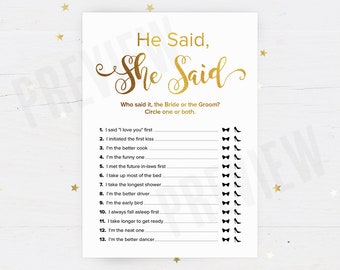 Printable He Said She Said Bridal Shower Game, Guess Who Said It Wedding Shower Game, Instant Download, Printable