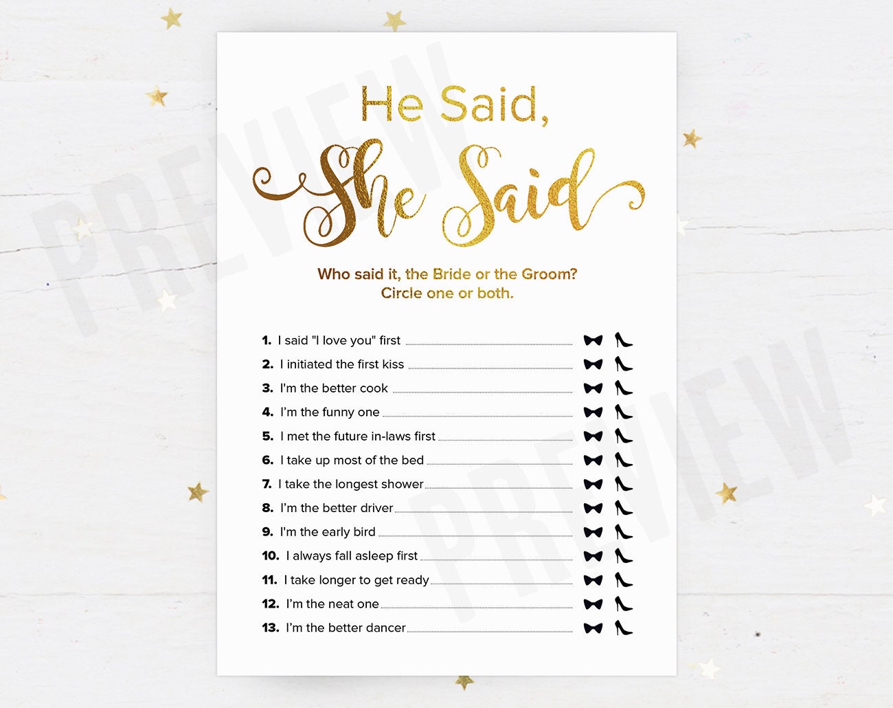 Printable He Said She Said Bridal Shower Game Guess Who Said - Etsy