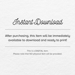 Op de afbeelding: Tekst op een witte achtergrond die "Direct Downloaden" zegt. Onder de tekst staat een bericht dat zegt: "Na aankoop is dit item direct beschikbaar om te downloaden en klaar om te printen!"  Daaronder staat een bericht dat zegt: "Dit is een DIGITAAL item. Houd er rekening mee dat er GEEN fysiek item wordt geleverd."