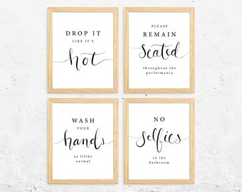 Funny Bathroom Sign - Set of 4 (UNFRAMED), Bathroom Wall Decor, Bathroom Wall Art, Bathroom Decor, Bathroom Print, Funny Bathroom Art