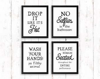 Funny Bathroom Signs- Set of 4 Prints (UNFRAMED), Bathroom Wall Decor, Bathroom Wall Art, Bathroom Decor, Bathroom Print, Funny Bathroom Art