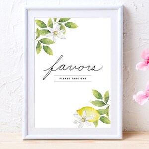 Op de afbeelding: Een wit bord met zwarte tekst die "favors" en "please take one" zegt. Het bord is versierd met aquarel illustraties van citroenen, bladeren en bloemen.