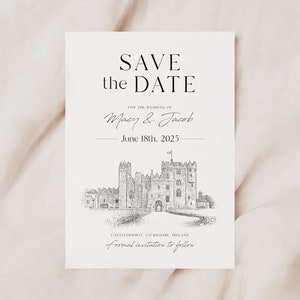 May include: Save the date card with a black and white illustration of a castle. The text reads "Save the Date" for the wedding of Macy & Jacob, June 18th, 2025. The location is listed as Castledermot, Co. Kildare, Ireland. The text "formal invitation to follow" is also included.
