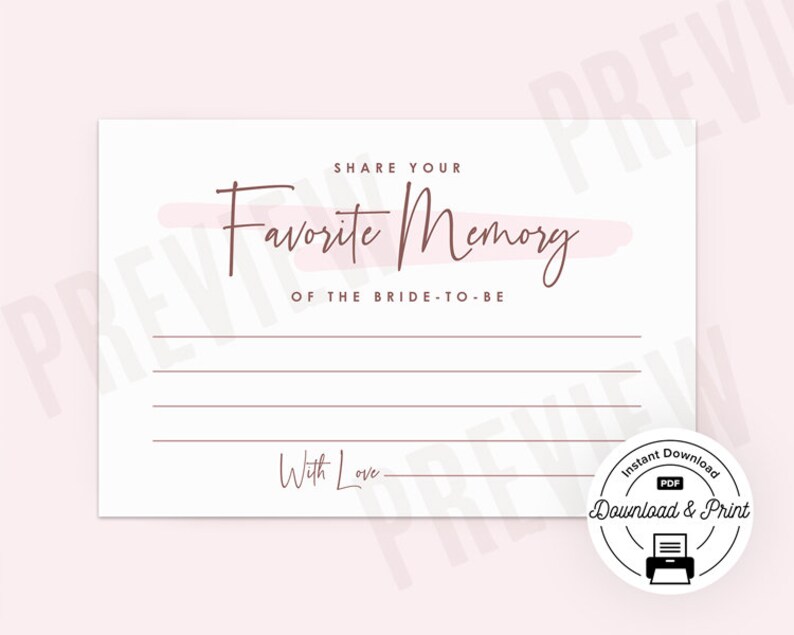 Printable favorite Memory of the Bride Note Card | Etsy