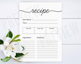 Printable Recipe Card, Bridal Shower Recipe Cards, Recipe Card Bridal Shower, Bridal Shower Games, Printable Recipe Note Card, Bridal