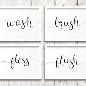 Wash Brush Floss Bathroom Wall Prints (UNFRAMED) Bathroom Wall Decor, Bathroom Wall Art, Funny Bathroom Sign, Bathroom Signs Decor, Set of 4
