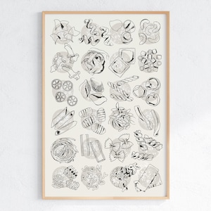 Vintage Style Pasta Types Line Illustrations Wall Print, Types of Pasta Poster, Minimalist Neutral Pasta Art Print, 12x18 Inches
