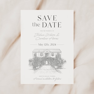 May include: Save the date card with a black and white illustration of a building. The text reads "Save the Date" for the wedding of Joshua Wilson & Caroline Flores, May 12th, 2024, Grayton Beach, Florida, formal invitation to follow.