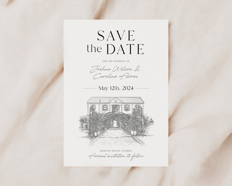 May include: Save the date card with a black and white illustration of a building. The text reads "Save the Date" for the wedding of Joshua Wilson & Caroline Flores, May 12th, 2024, Grayton Beach, Florida, formal invitation to follow.
