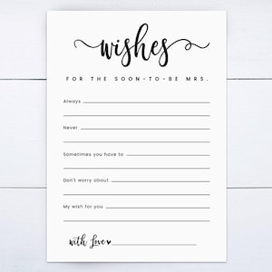 Printable Wishes for the Bride to Be, Bridal Shower Games, Bridal Shower Advice Cards, Bridal Shower Advice Notecards, Bride-to-be