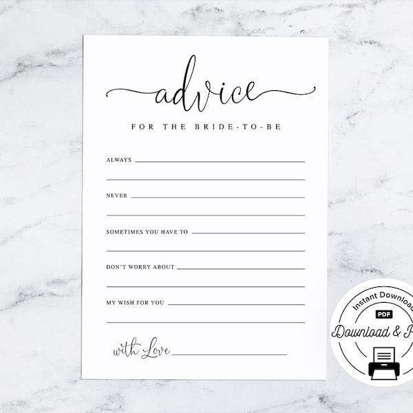 Printable 'Advice for the Bride-to-Be' Cards, Bridal Shower Games, Bridal Shower Advice Cards, Bridal Shower Advice Notecards, Bride-to-be