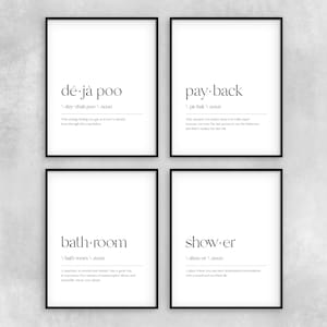 Bathroom Definitions Funny Bathroom Signs Set of 4 Prints, Deja Poo, Payback, Bathroom, Shower, Bathroom Wall Decor, Minimalist Wall Art