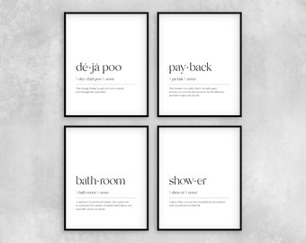 Bathroom Definitions Funny Bathroom Signs Set of 4 Prints, Deja Poo, Payback, Bathroom, Shower, Bathroom Wall Decor, Minimalist Wall Art