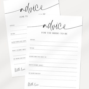 Cartes imprimables « Conseils pour la future mariée », cartes de conseils pour la douche nuptiale, cartes de notes de conseils pour la douche nuptiale