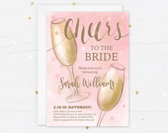 Printable 'Cheers to the Bride' Bridal Shower Invitation, Pink and Gold Champagne Brunch Invitation, Brunch and Bubbly