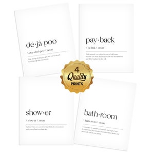 May include: Four white cards with black text defining humorous words like "d&eacute;j&agrave; poo" and "pay-back". The cards are set against a white background with a gold seal that reads "4 Quality Prints".