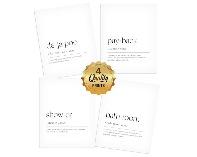 May include: Four white cards with black text defining humorous words like "d&eacute;j&agrave; poo" and "pay-back". The cards are set against a white background with a gold seal that reads "4 Quality Prints".
