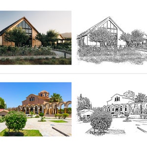 May include: Two images of buildings. The first image shows a modern wooden building with large windows. The second image is a black and white sketch of the same building. The second image shows a traditional church with a dome and arches. The second image is a black and white sketch of the same church.