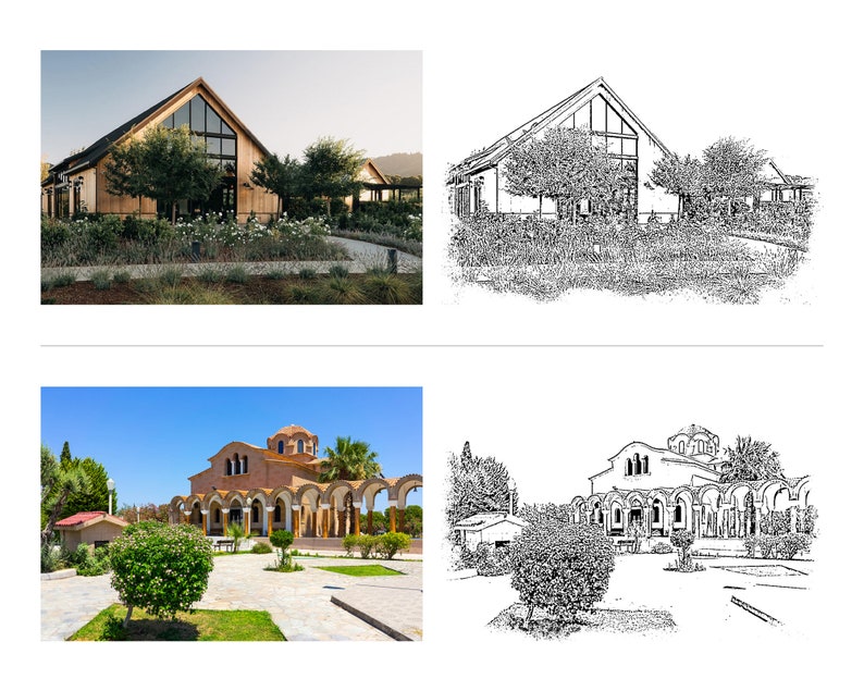 May include: Two images of buildings. The first image shows a modern wooden building with large windows. The second image is a black and white sketch of the same building. The second image shows a traditional church with a dome and arches. The second image is a black and white sketch of the same church.