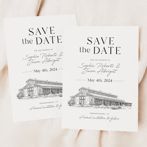 May include: Save the date card with a black and white illustration of a barn. The card says "Save the Date" for the wedding of Sophia Roberts & Jason Albright on May 4th, 2024. The card also says "Fredericksburg, TX" and "Formal invitation to follow."