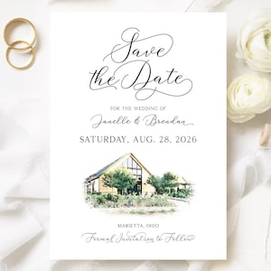 Venue Illustration Save The Date PRINTED, Save The Date Announcement with Venue Photo Illustration, Watercolor Venue Illustration