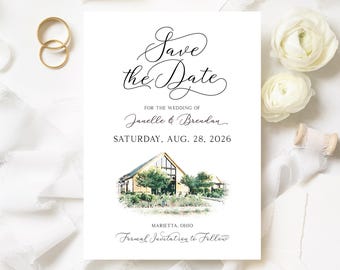 Venue Illustration Save The Date PRINTED, Save The Date Announcement with Venue Photo Illustration, Watercolor Venue Illustration
