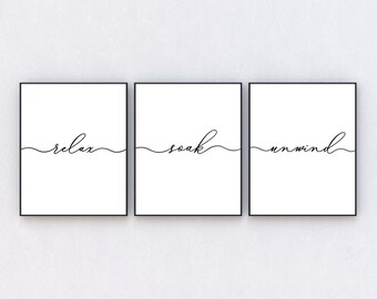 Relax, Soak, Unwind Bathroom Wall Decor - Set of 3 Prints (UNFRAMED), Bathroom Wall Art, Bathroom Decor, Bathroom Print, Bathroom Sayings
