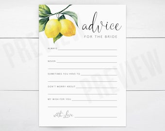 Printable Lemon Advice Cards for the Bride, Lemon Bridal Shower Well Wishes Cards , 001 - INSTANT DOWNLOAD