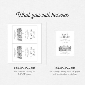 May include: Two printable save the date cards featuring a black and white illustration of a building. The text reads "Save the Date" with the names "Alyson & Scott" and the date "June 24, 2023". The cards are designed for printing on 8.5 x 11 inch paper. One printable save the date card featuring the same illustration and text, designed for printing on 5 x 7 inch paper.