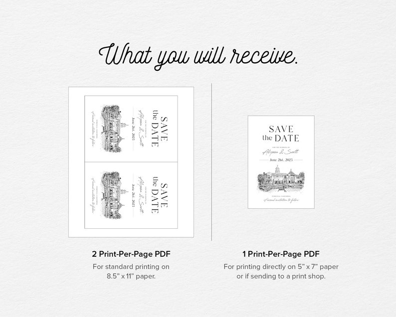 May include: Two printable save the date cards featuring a black and white illustration of a building. The text reads "Save the Date" with the names "Alyson & Scott" and the date "June 24, 2023". The cards are designed for printing on 8.5 x 11 inch paper. One printable save the date card featuring the same illustration and text, designed for printing on 5 x 7 inch paper.