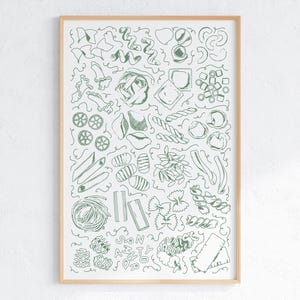 Colorful Pasta Types Line Illustrations Wall Print, Types of Pasta Poster, Pasta Art Print, 12 x 18 Inches