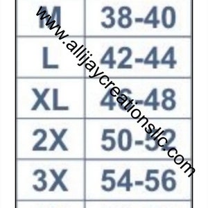 May include: A size chart for clothing, with sizes ranging from S to 5X. Chest sizes are listed in inches, starting at 34-36 inches for size S and going up to 62-64 inches for size 5X. The website address www.allijaycreationsllc.com is visible.