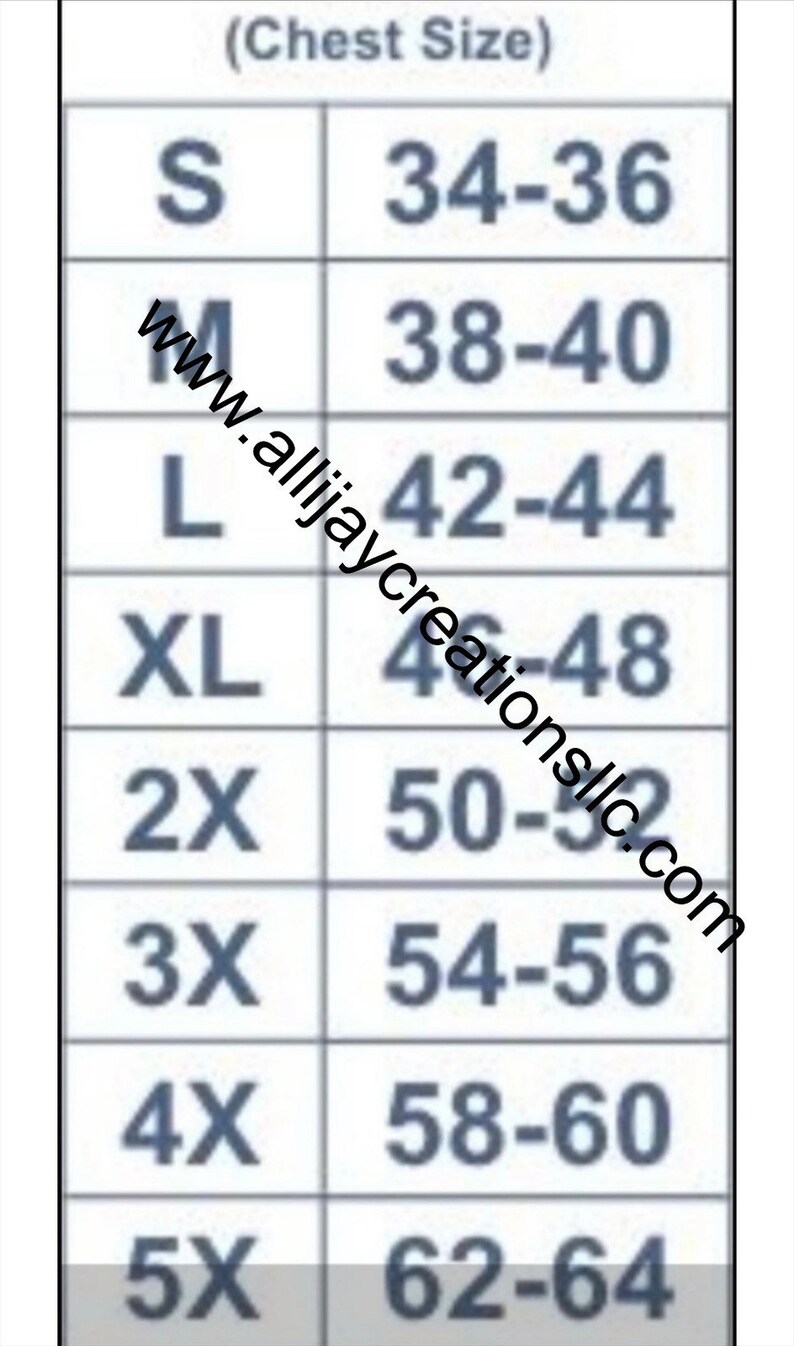May include: A size chart for clothing, with sizes ranging from S to 5X. Chest sizes are listed in inches, starting at 34-36 inches for size S and going up to 62-64 inches for size 5X. The website address www.allijaycreationsllc.com is visible.