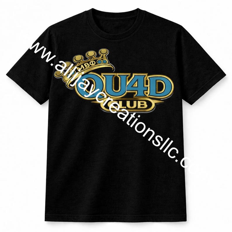 May include: Black crew neck t-shirt with a gold and blue design. The design includes a crown and the text "QUAD CLUB". The text "MBФ" is above the text "QUAD". The website "www.alljaycreationsllc.com" is printed on the shirt.