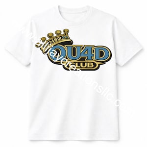 May include: White t-shirt featuring a gold crown and the text "QUAD CLUB" in blue and gold. The shirt has a crew neck and short sleeves. The text "MB&Phi;" is above the "QUAD CLUB" text.