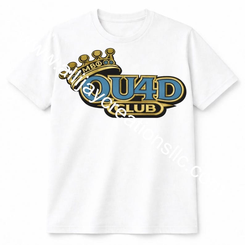 May include: White t-shirt featuring a gold crown and the text "QUAD CLUB" in blue and gold. The shirt has a crew neck and short sleeves. The text "MB&Phi;" is above the "QUAD CLUB" text.