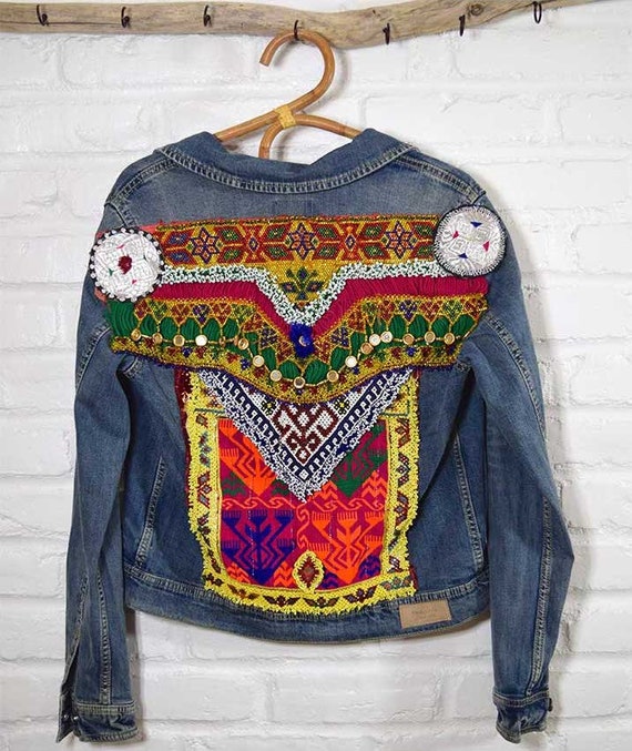 Embroidered denim jacket tribal denim jacket embellished | Etsy