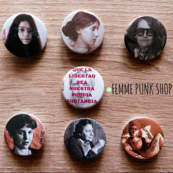 Pins women writers and artists - chaps - buttons - 38 mm - Beauvoir - Kahlo - Forts - Woolf - Plath - Millett -Firestone