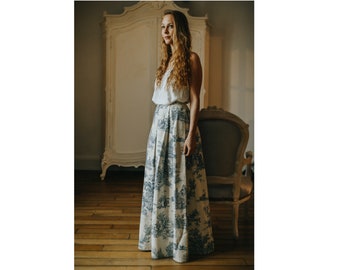Toile de Jouy Blue Skirt, COTTON Pleated Skirt, Bridesmaid, Lolita Skirt, Plus Size Available, Skirt for Women