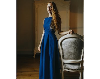 BLUE DRESS, Maxi Dress, Sleeveless Dress, Bridesmaid Dress, Pleated Dress, Fitted and Flared Dress Bareback Boat Neckline, Line A