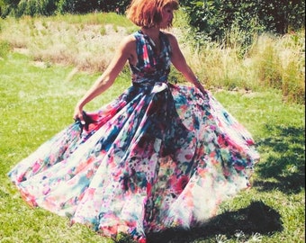 FLORAL EVENING DRESS, Crepe Dress, Multi-position V-neckline Cocktail Dress, Sleeveless Dress, Bridesmaid Gift