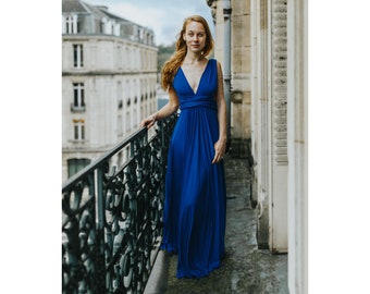 BLUE EVENING DRESS, Multi-position dress with Circle skirt, sleeveless V-neckline, Long Cocktail Dress