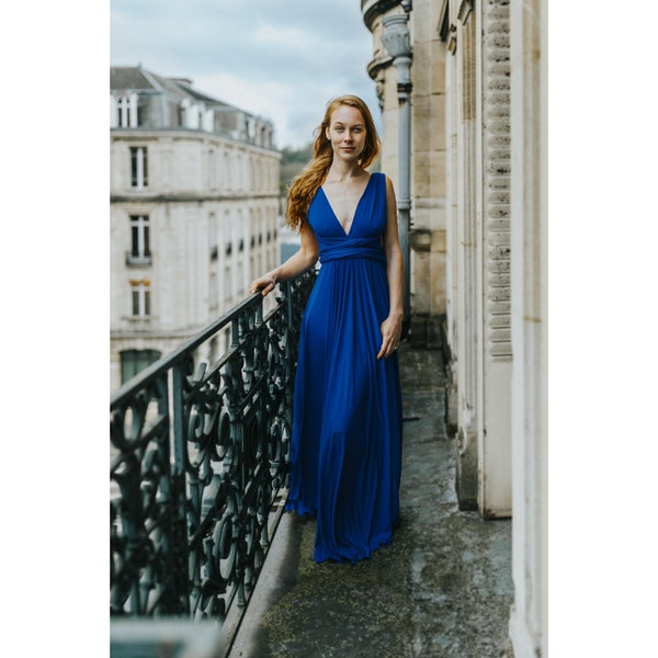 ROBE de SOIREE BLEUE, Robe multi-positions avec Jupe cercle, décolleté en V sans manche, Robe de Cocktail longue