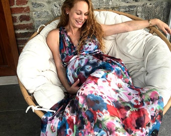 DRESS PREGNANT WOMAN, Floral evening dress, Personalized dress without sleeve neckline in V, dress in jersey, gift pregnant woman