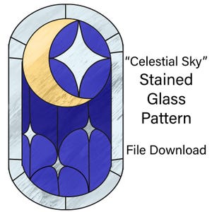 Op de afbeelding: Een glas-in-loodpatroon met een halve maan en sterren in tinten blauw, geel en wit. Het ontwerp is getiteld "Celestial Sky" en bevat de tekst "Stained Glass Pattern" en "File Download".